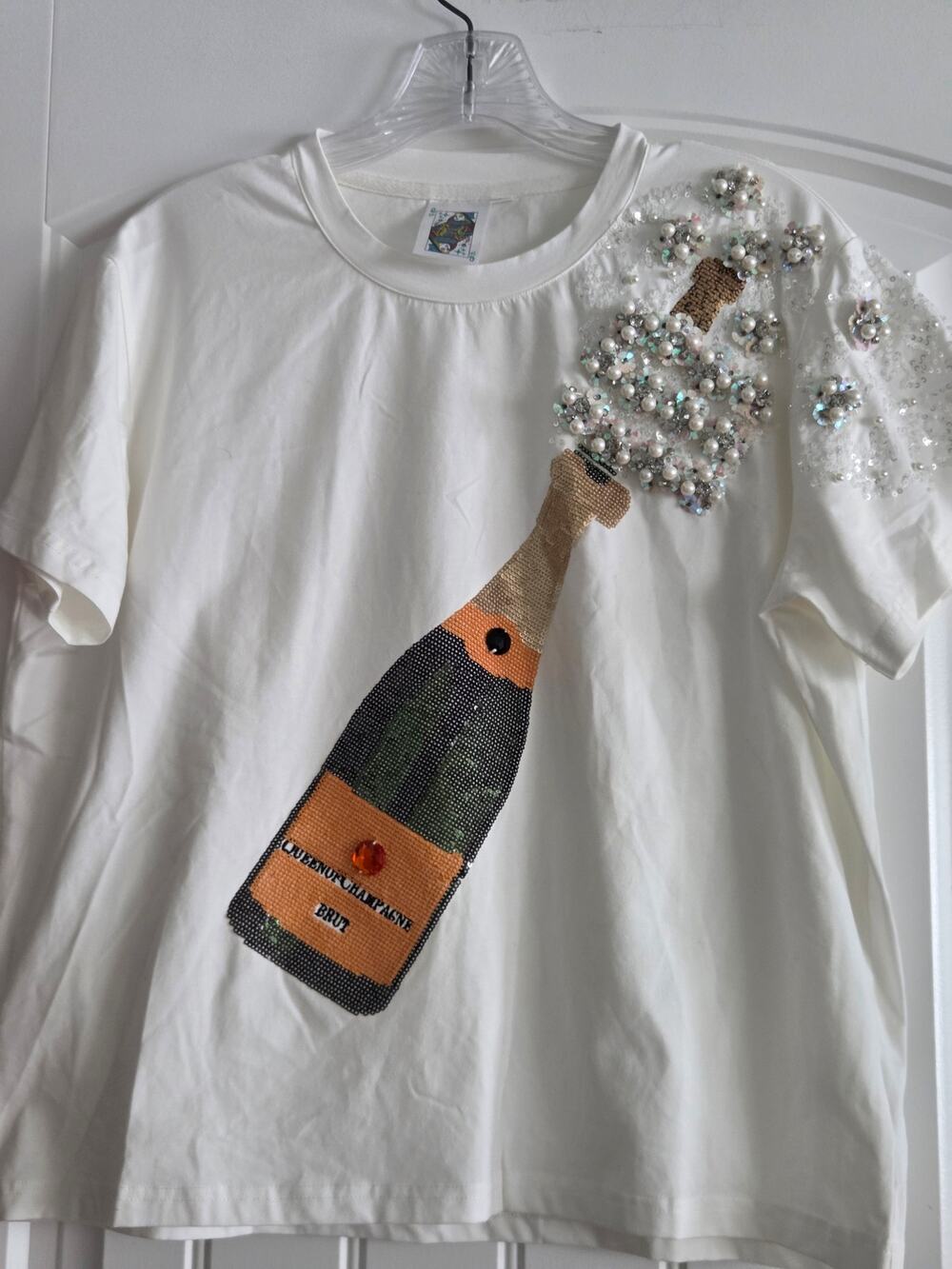 Queen of Sparkles Champagne Bottle Sequin T-Shirt White Top Size S Small Rare